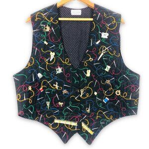 Homemade Open Vest Women's Large Sewing Theme Ceramic Metal Button Accents